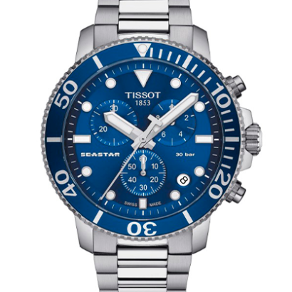  Reloj TISSOT SEASTAR 1000 CHRONOGRAPH T120.417.11.041.00 Género Caballero Garantía 2 años de Garantía Hermeticidad Hermético hasta una presión de 30 bares (300 metros/1.000 pies) SKU T1204171104100 Colección T-Sport Peso (g) 180